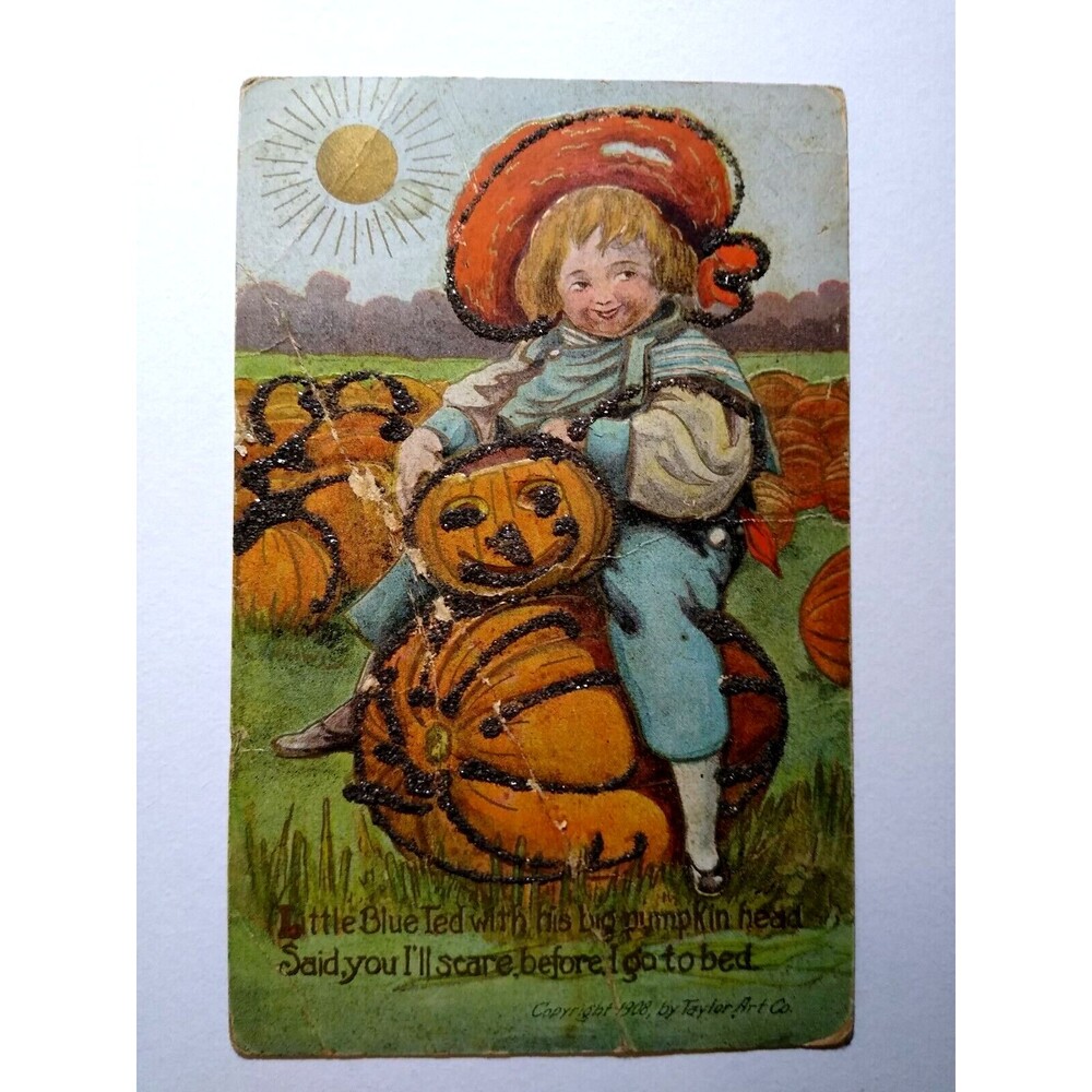 Halloween Postcard Glitter Child In Pumpkin Patch JOL Taylor Art Embossed 1908